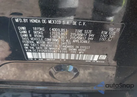 2016 Honda Hr-V Lx из США, поврежденный, VIN 3CZRU5H30GM718396